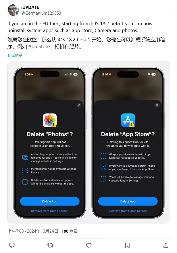 安阳苹果手机维修分享iOS 18.2 支持删除 App Store 应用商店 