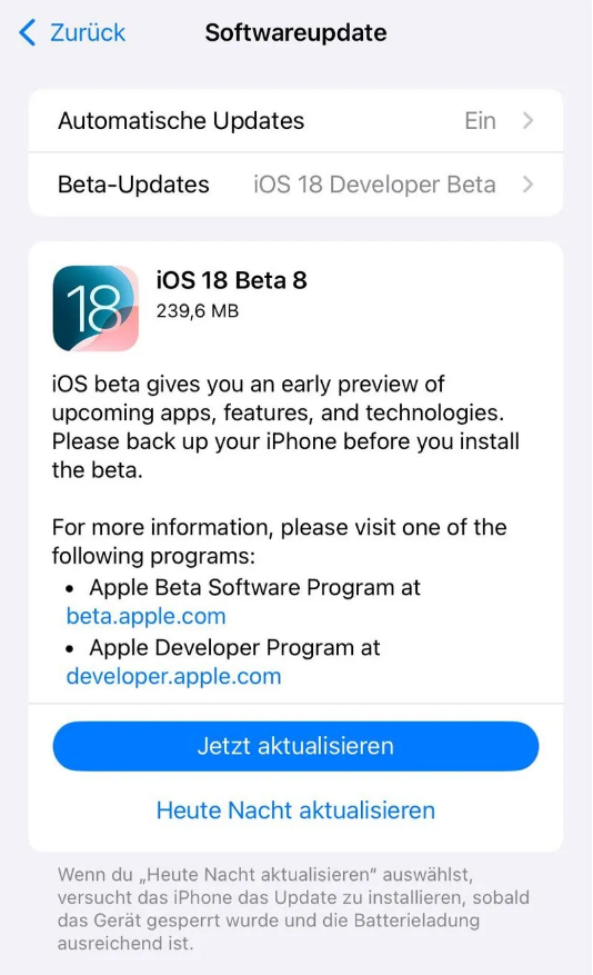 安阳苹果手机维修分享苹果 iOS / iPadOS 18 开发者预览版 Beta 8 发布 